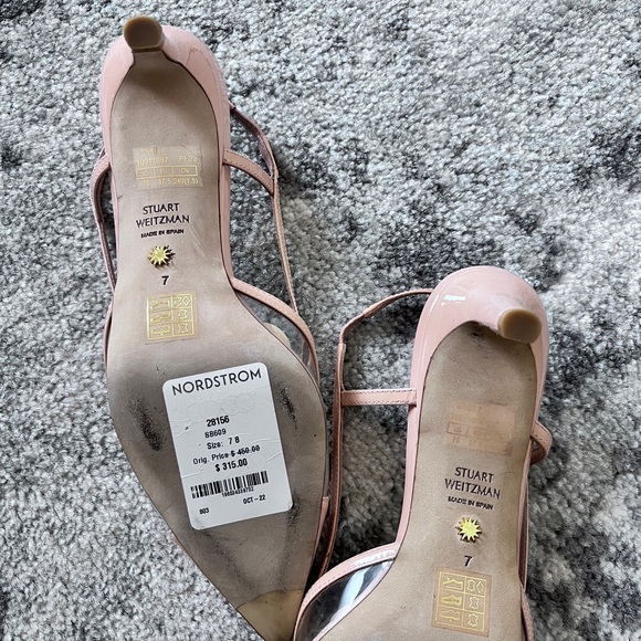 Stuart Weitzman Mondrian Patent Leather Slingbacks, size 7, kitten heels, nude - Picture 3 of 3